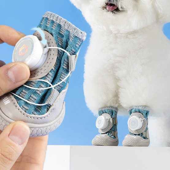 Model XC10 rotary quick-lace dog shoe being fitted on a small white dog